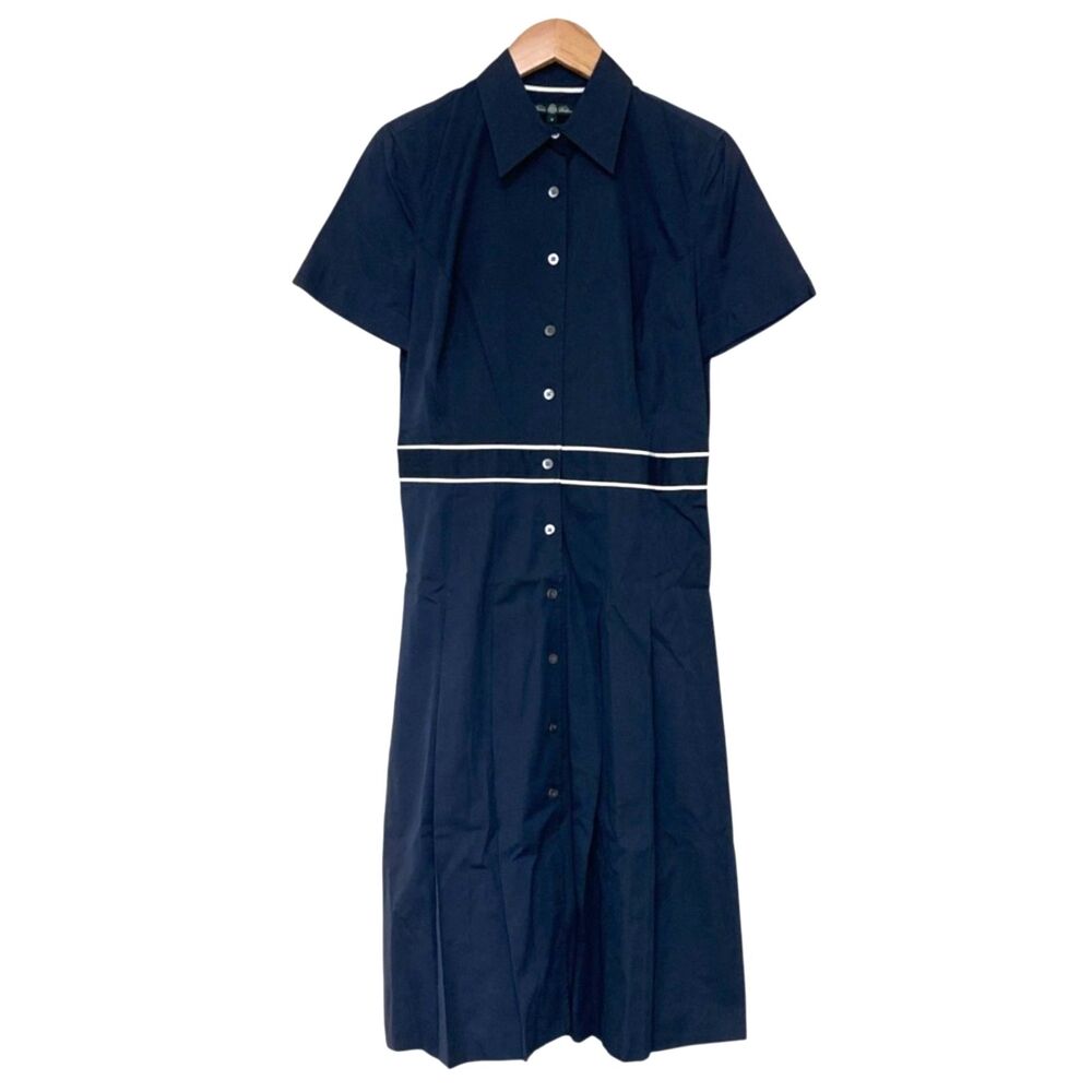 Brooks Bros Royal Navy White Cotton Silk SS Button Down Fit Flare Midi Dres SZ 6